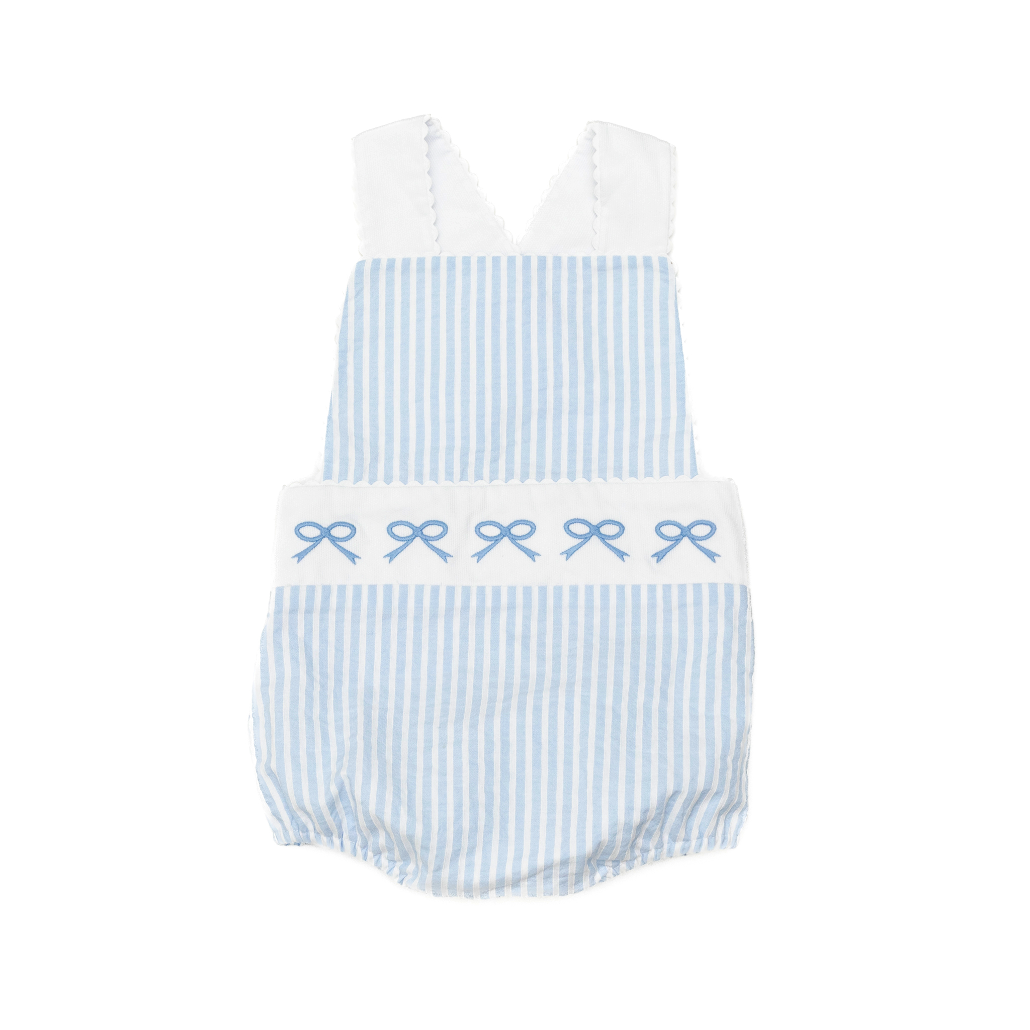 Henry Duvall Sutton Sunsuit for baby girls in Seaside Stripe, a classic blue and white striped sunsuit with embroidered bow detail.