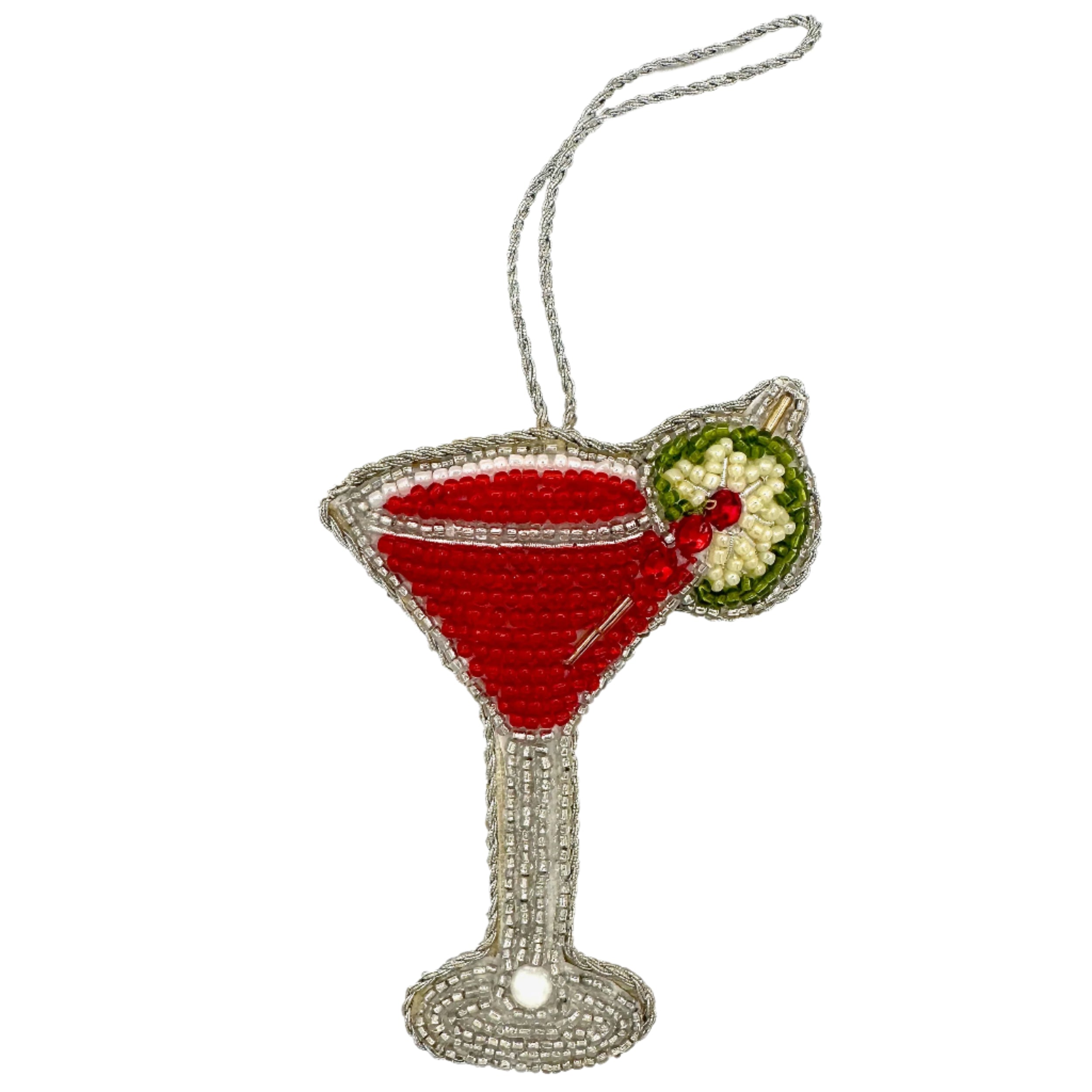 Image of a Cosmopolitan cocktail Christmas ornament with intricate beadwork. 
