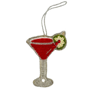 Image of a Cosmopolitan cocktail Christmas ornament with intricate beadwork. 