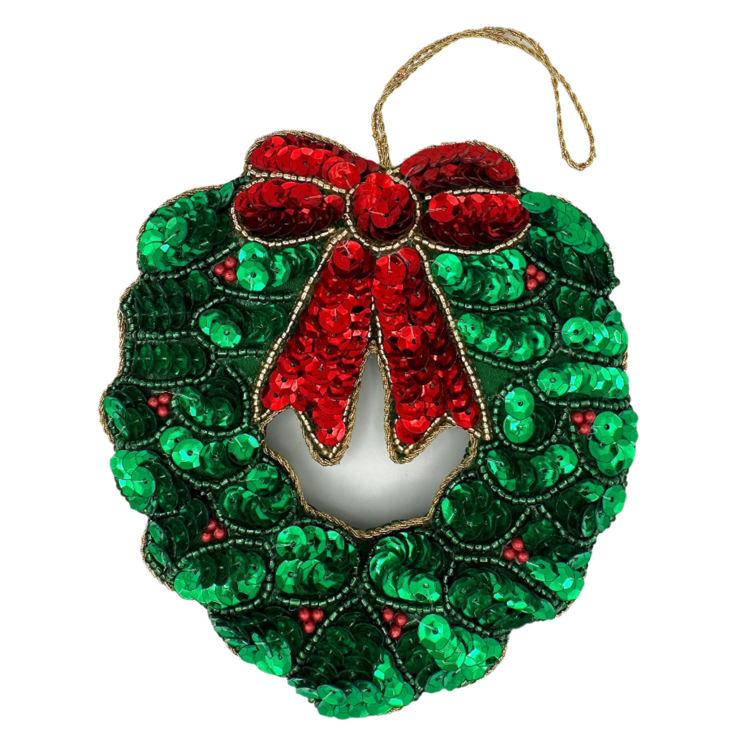 Image of a holly wreath Christmas ornament with intricate beadwork. 