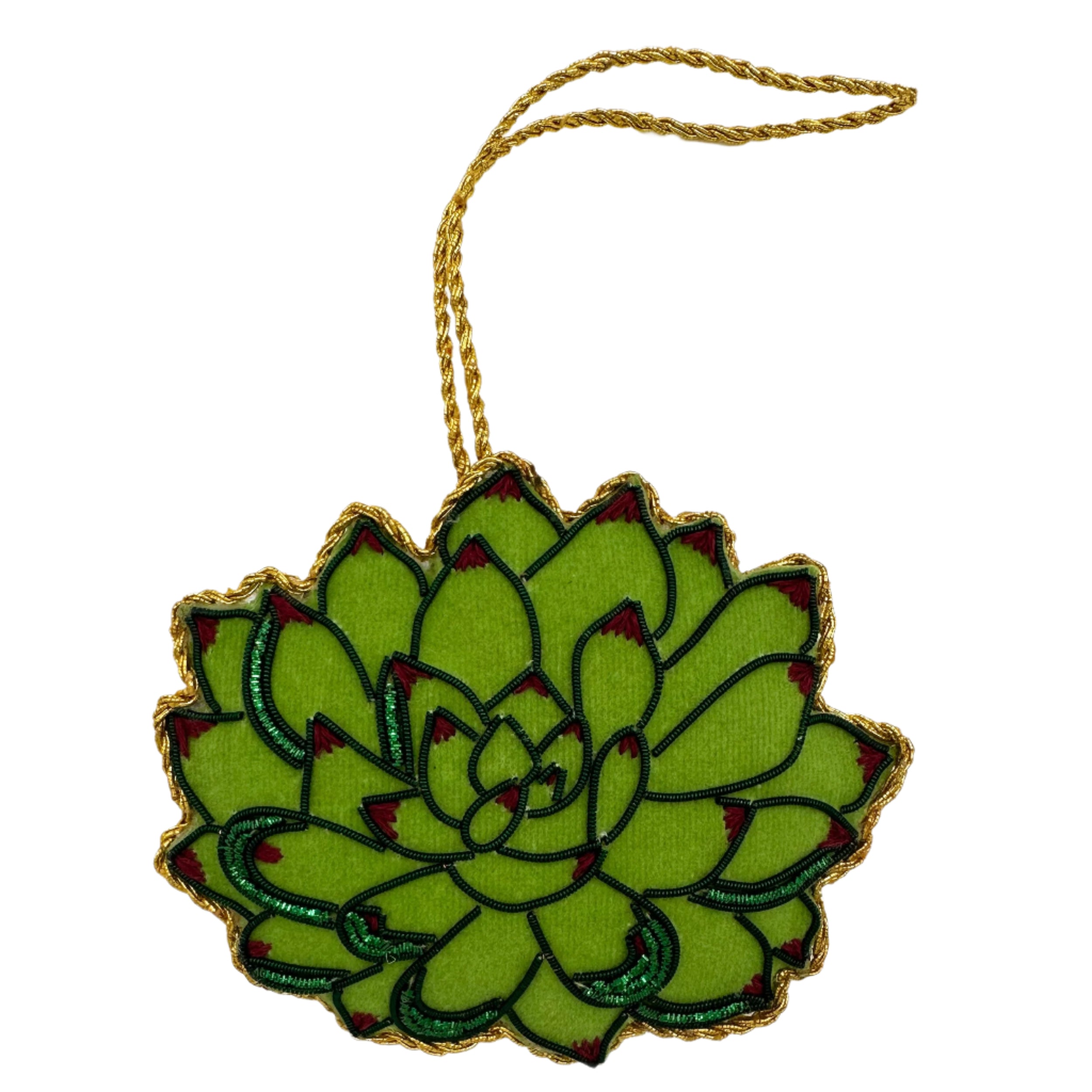 Image of a succulent Christmas ornament with intricate beadwork. 
