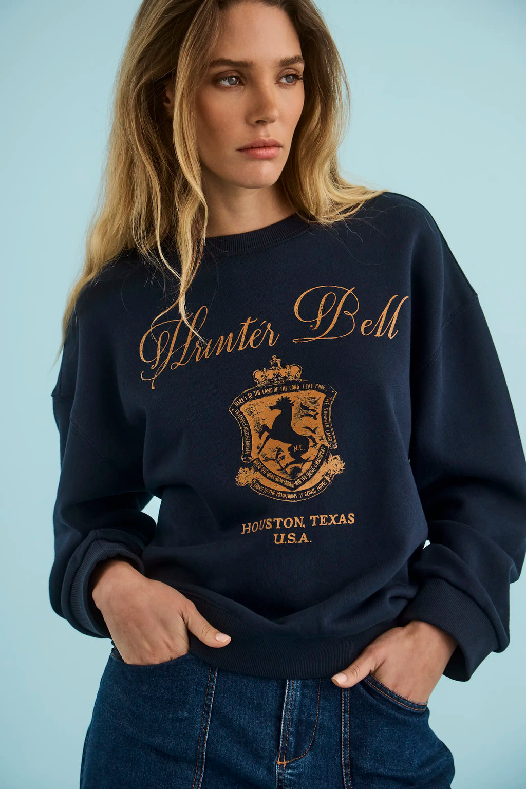 The Heritage Sweatshirt in Midnight Blue paired with Mallory Jeans in Blue Ridge Denim. 