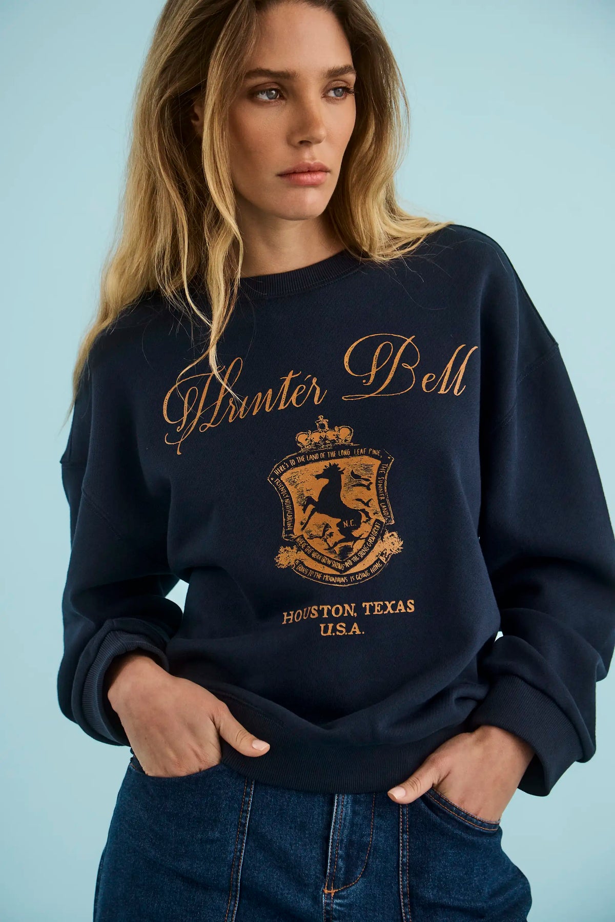 The Heritage Sweatshirt in Midnight Blue paired with Mallory Jeans in Blue Ridge Denim. 