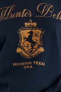 Close up of the Heritage Sweatshirt in Midnight Blue. 
