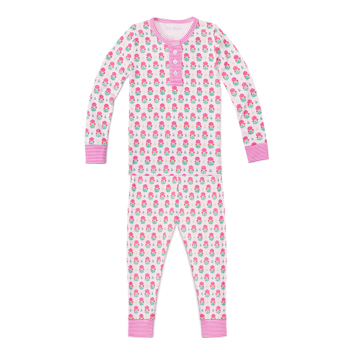 Kid's Geranium Block Two Piece Henley Pajamas in Pink