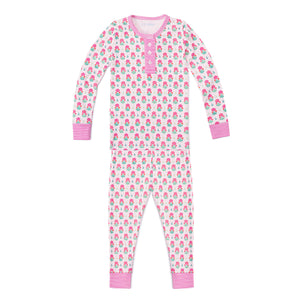 Kid's Geranium Block Two Piece Henley Pajamas in Pink