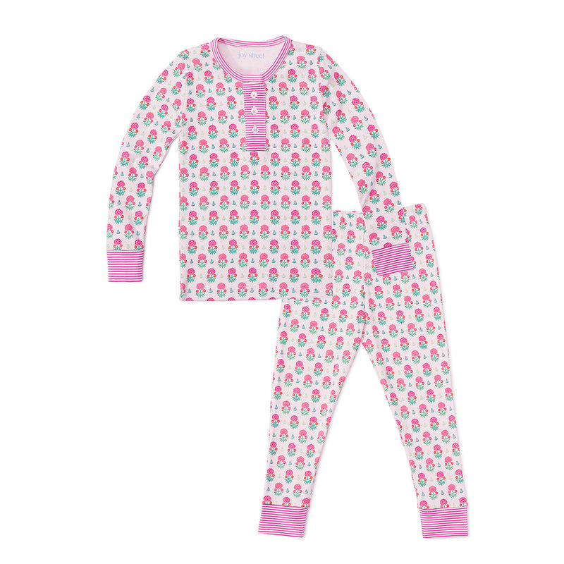 Kid's Geranium Block Two Piece Henley Pajamas in Pink