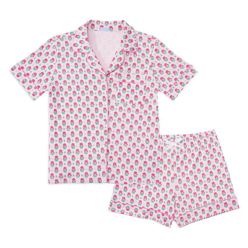 Women's Geranium Block Button Front Short Pajama Set in Pink