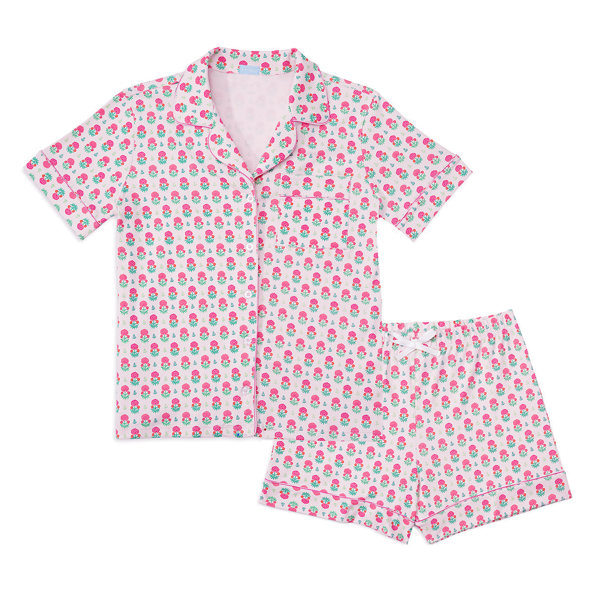 Women's Geranium Block Button Front Short Pajama Set in Pink