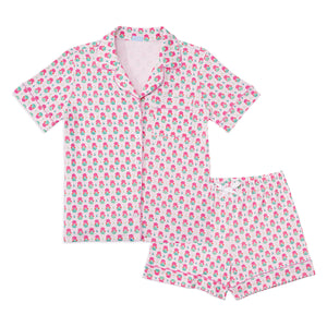 Women's Geranium Block Button Front Short Pajama Set in Pink