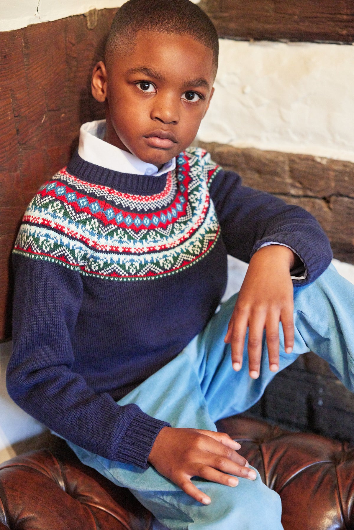  Little English traditional children's clothing, Highlands Fair Isle cardigan in navy for little boy