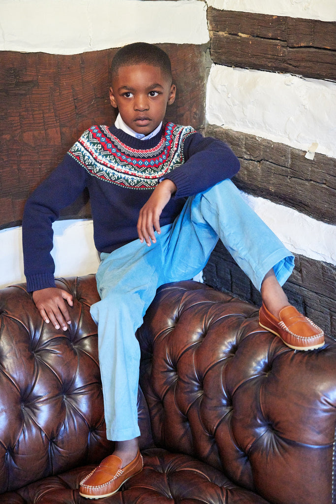  Little English traditional children's clothing, Highlands Fair Isle cardigan in navy for little boy