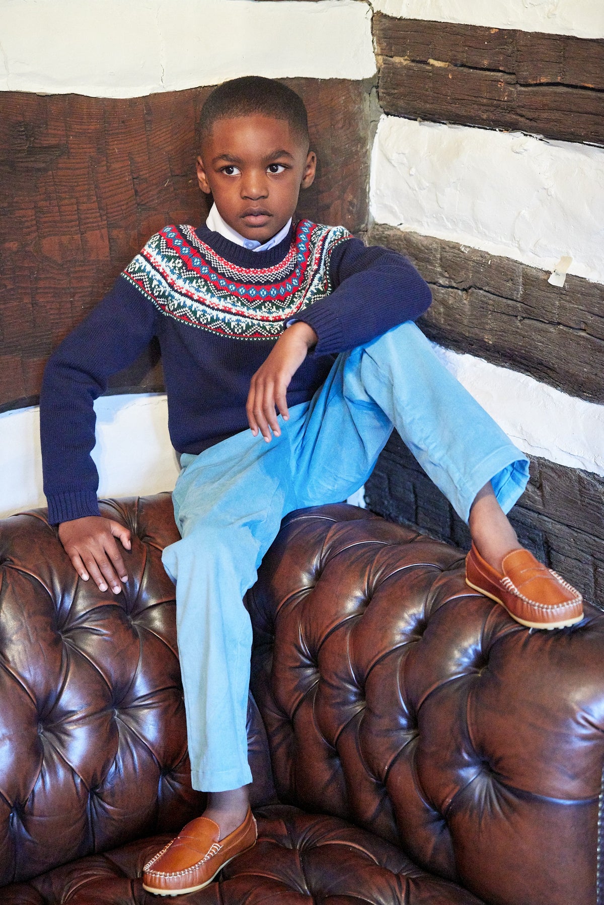  Little English traditional children's clothing, Highlands Fair Isle cardigan in navy for little boy