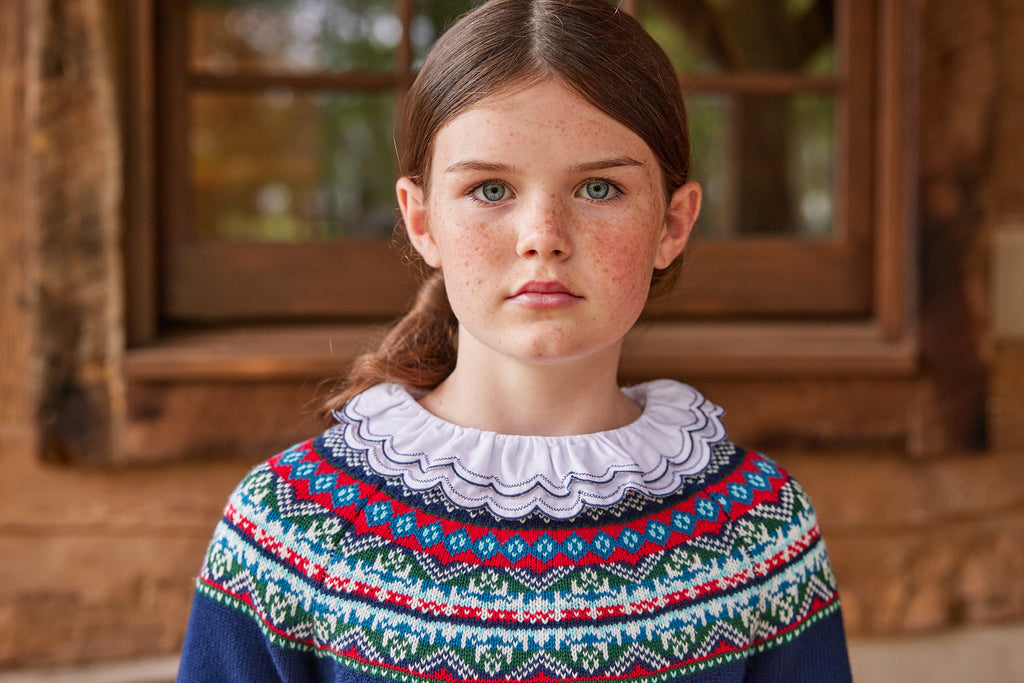  Little English traditional children's clothing, Highlands Fair Isle cardigan in navy 