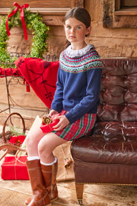 Little English traditional children's clothing, Paperbag skirt in red, green, and blue plaid pattern with elastic waist, for little girl