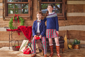 Little English traditional clothing, classic pant in red, green, and blue highlands tartan pattern for little boy