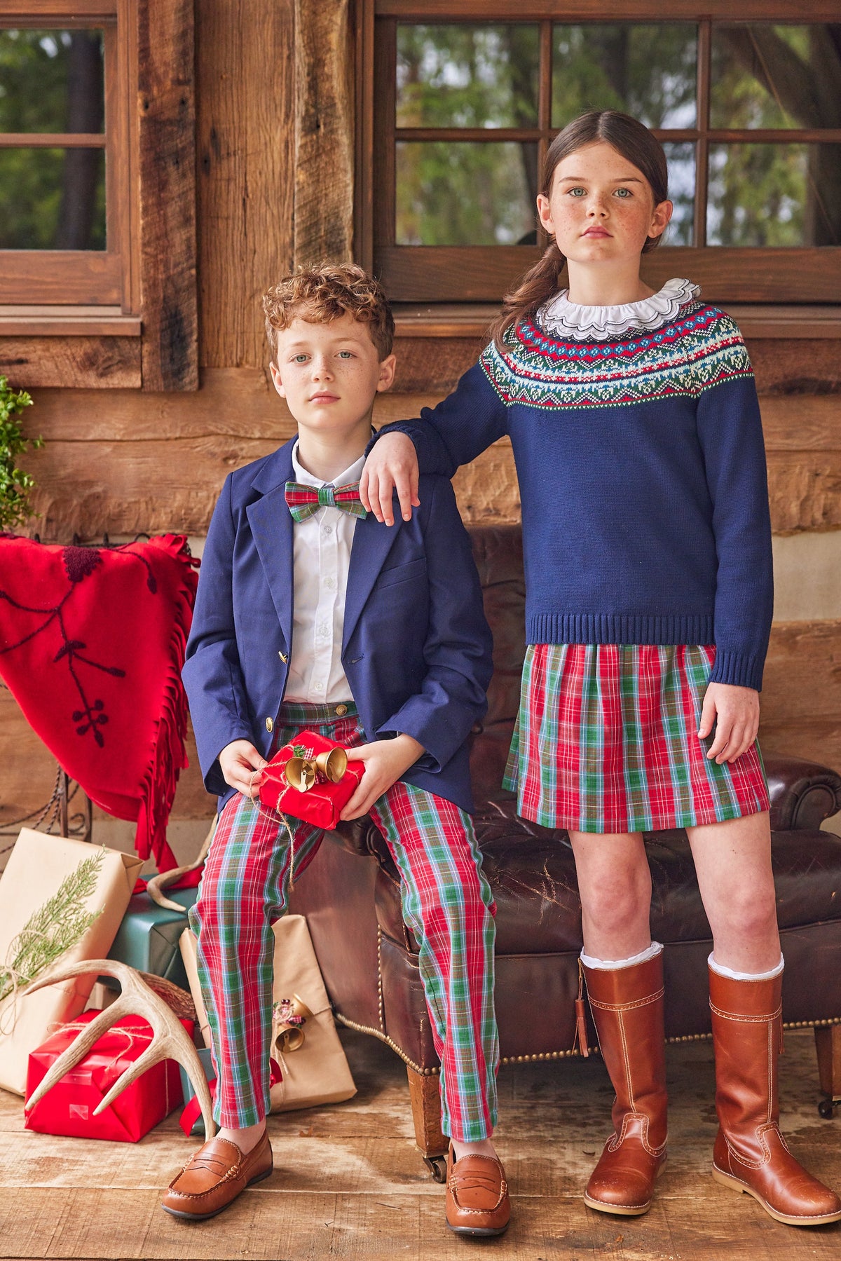 Little English traditional children's clothing, Paperbag skirt in red, green, and blue plaid pattern with elastic waist, for little girl