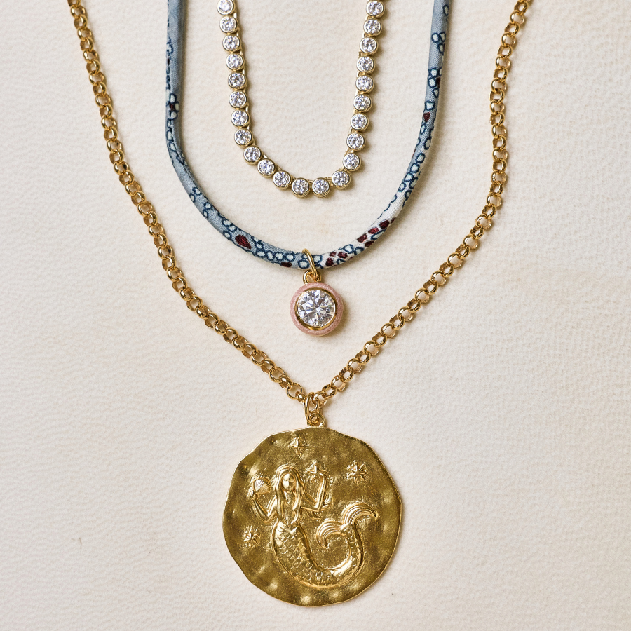 Bezel Tennis Necklace, HART x Hill House Gemstone Mosaic Necklace Cord with Pink Bezel, Mermaid Charm Necklace