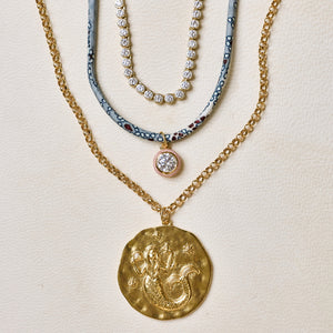 Bezel Tennis Necklace, HART x Hill House Gemstone Mosaic Necklace Cord with Pink Bezel, Mermaid Charm Necklace