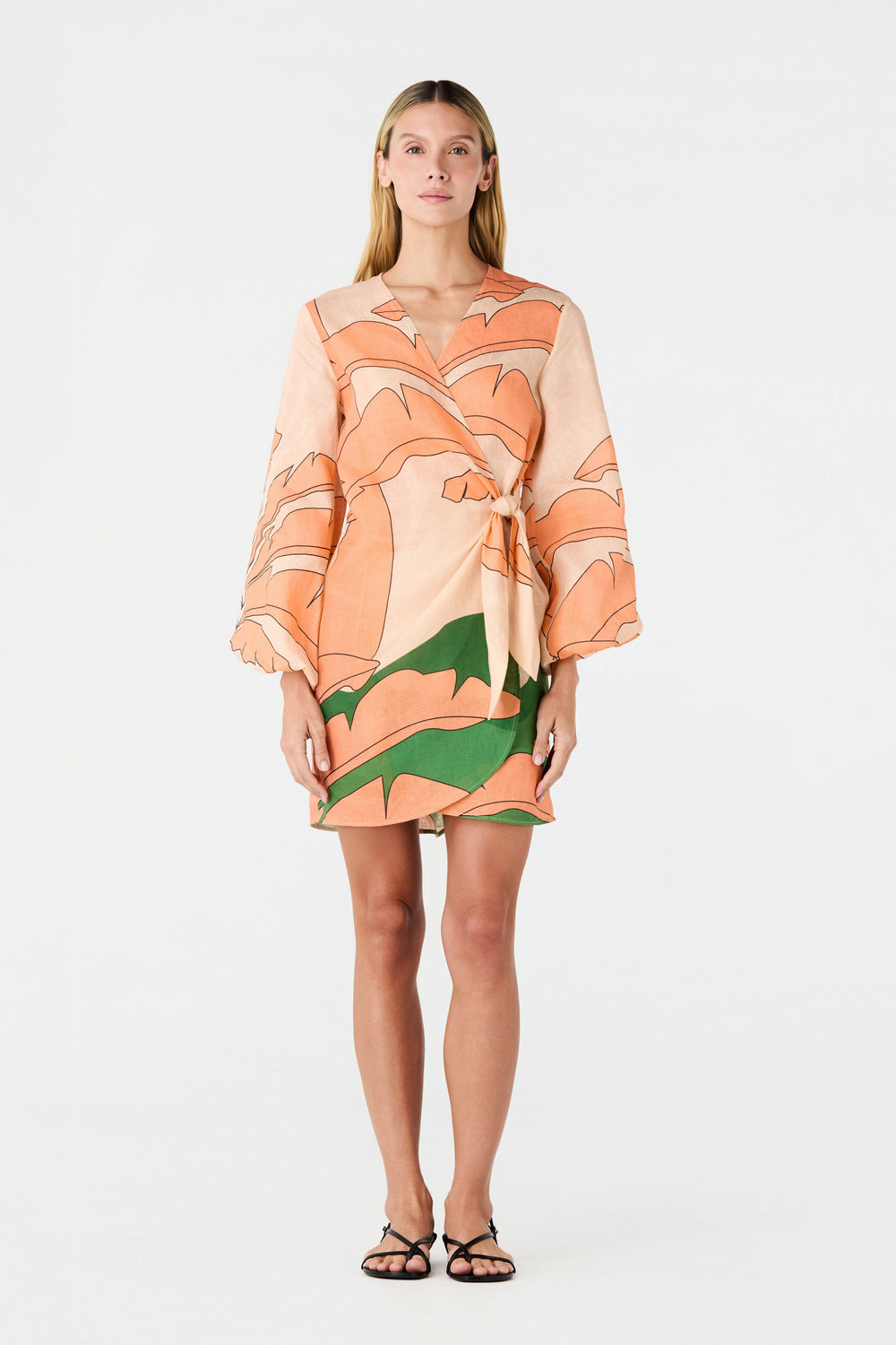 Hojarasca Linen Mini Tunic Dress in Peach Palms