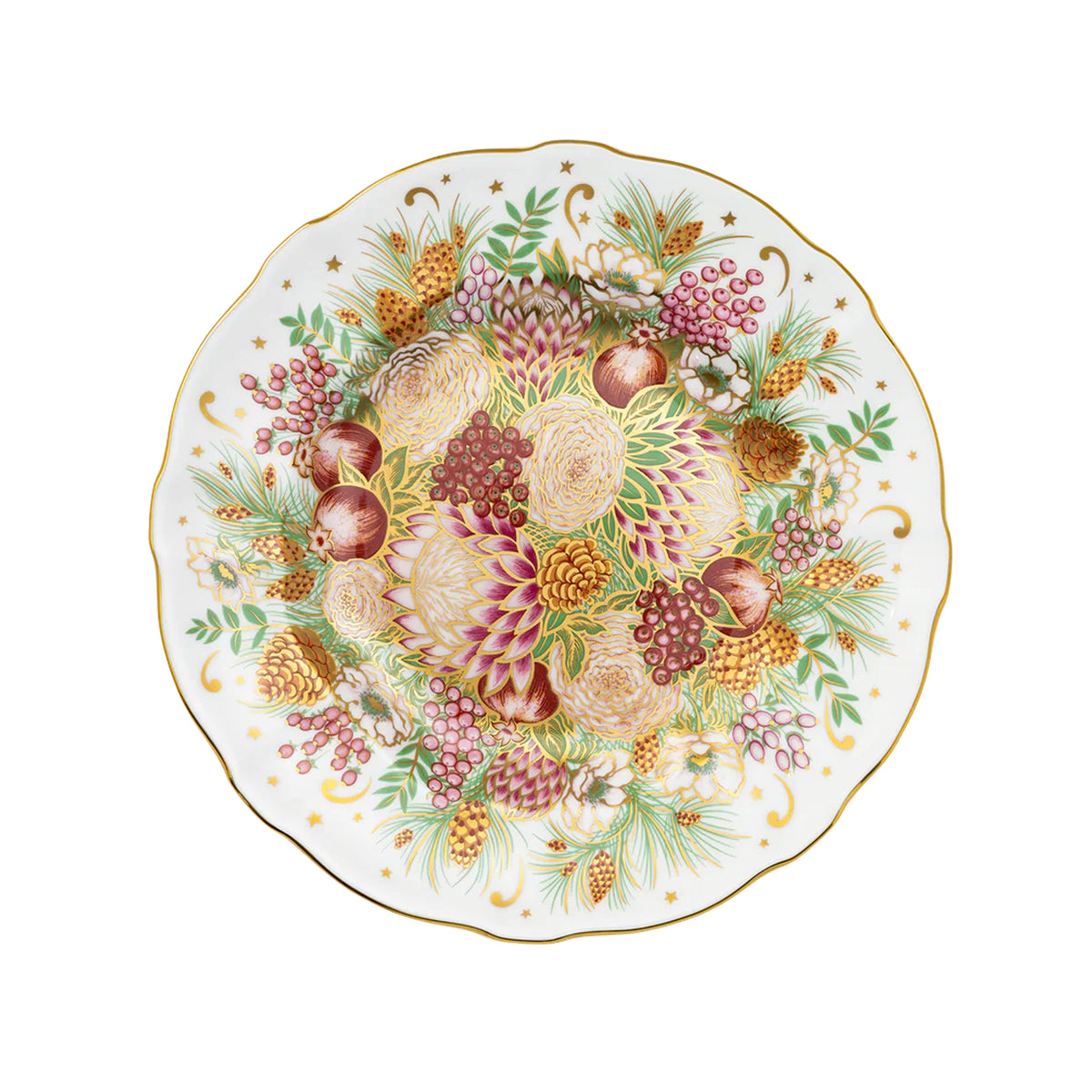 Top view of Holiday Accent plate showing holiday bouquet motif with pinecones and berries and 22 carat gold trim on white background