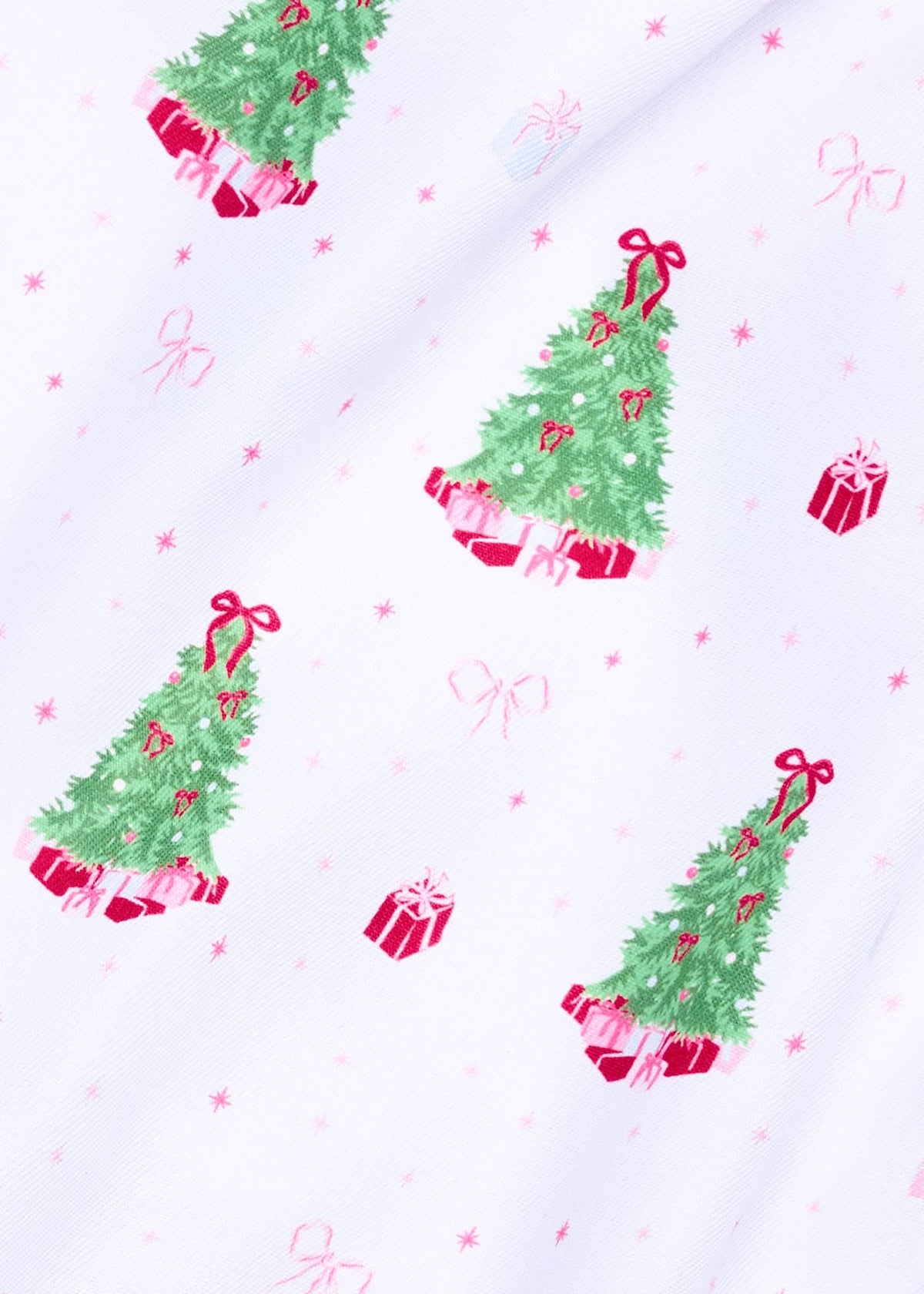 Little English traditional children's clothing. Christmas tree and presents Holly Days print fabric swatch