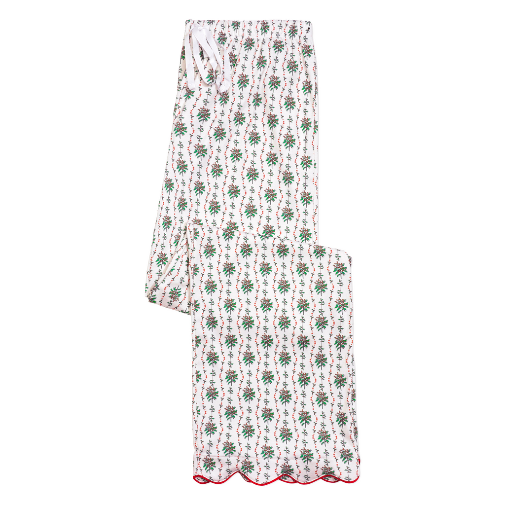 Front view of Holly women’s long pajama bottoms showcasing a floral pattern and scalloped hems on a white background