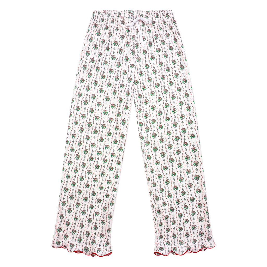 Front view of Holly women’s long pajama pants showcasing a repeating floral pattern and scalloped hem on a white background