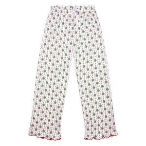 Front view of Holly women’s long pajama pants showcasing a repeating floral pattern and scalloped hem on a white background