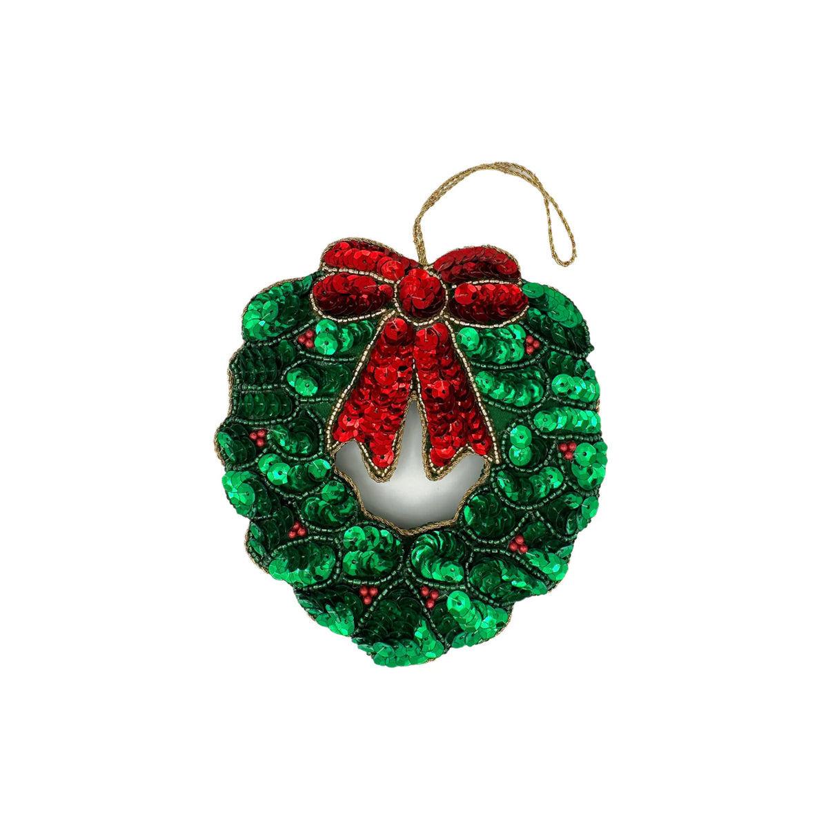 Front view of Holly Ribbon Wreath Ornament showcasing sequined holly leaves, red ribbon, and berry accents on white