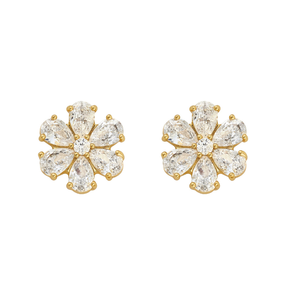 Front view of Holly stud earrings in yellow gold showing six pear cut CZ petals and a central round CZ on white background