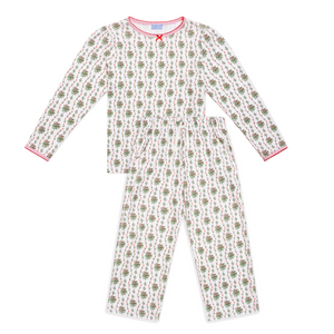 Front view of Holly Long Kids Camp Set, Set of 2 showcasing hand-drawn greenery and red berry print on a white background