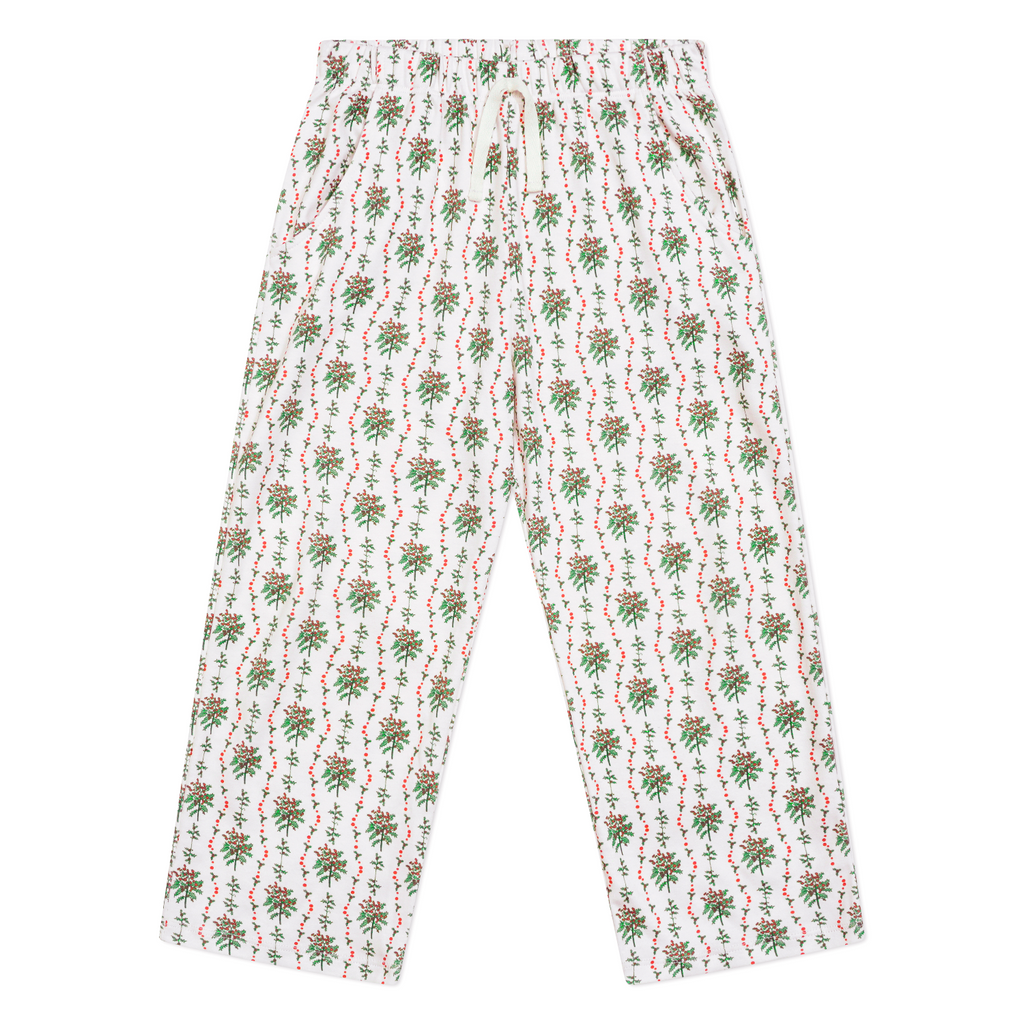 Front view of Holly Long Kids Camp Set, Set of 2 pants showcasing elastic waistband and greenery with red berry print on white background