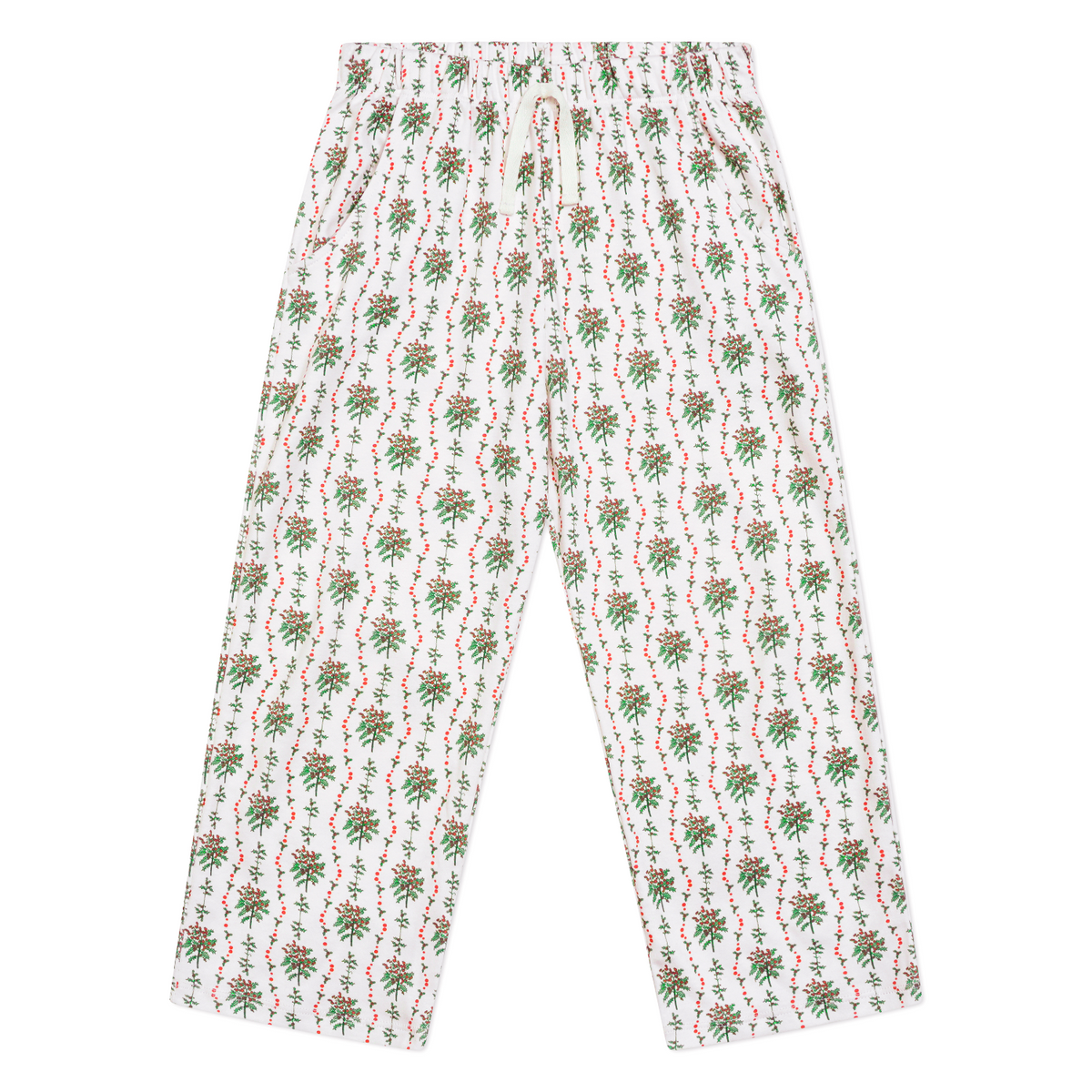 Front view of Holly Long Kids Camp Set, Set of 2 pants showcasing elastic waistband and greenery with red berry print on white background