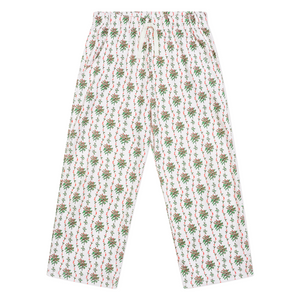 Front view of Holly Long Kids Camp Set, Set of 2 pants showcasing elastic waistband and greenery with red berry print on white background