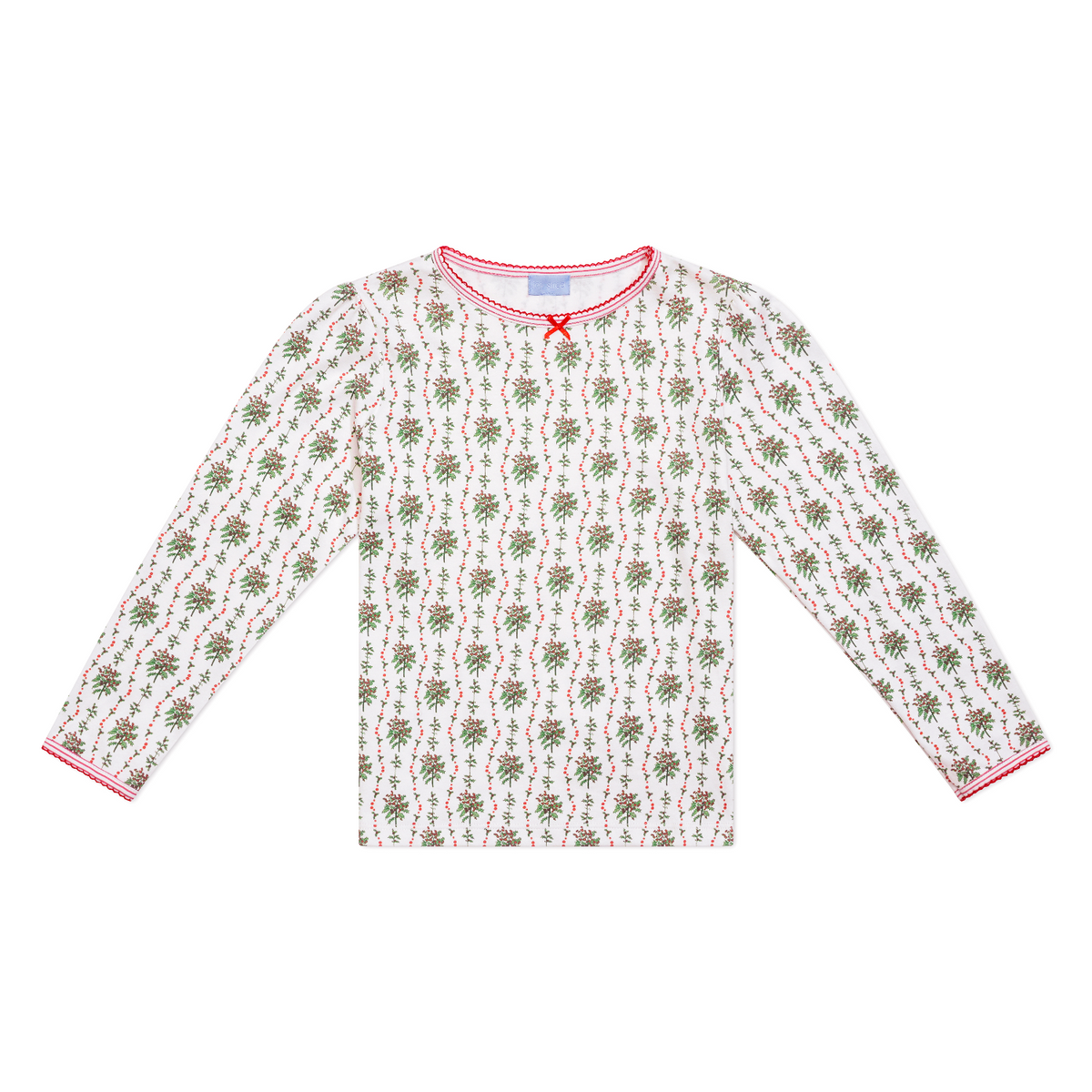 Front view of Holly Long Kids Camp Set top showcasing greenery and red berry print with a white background