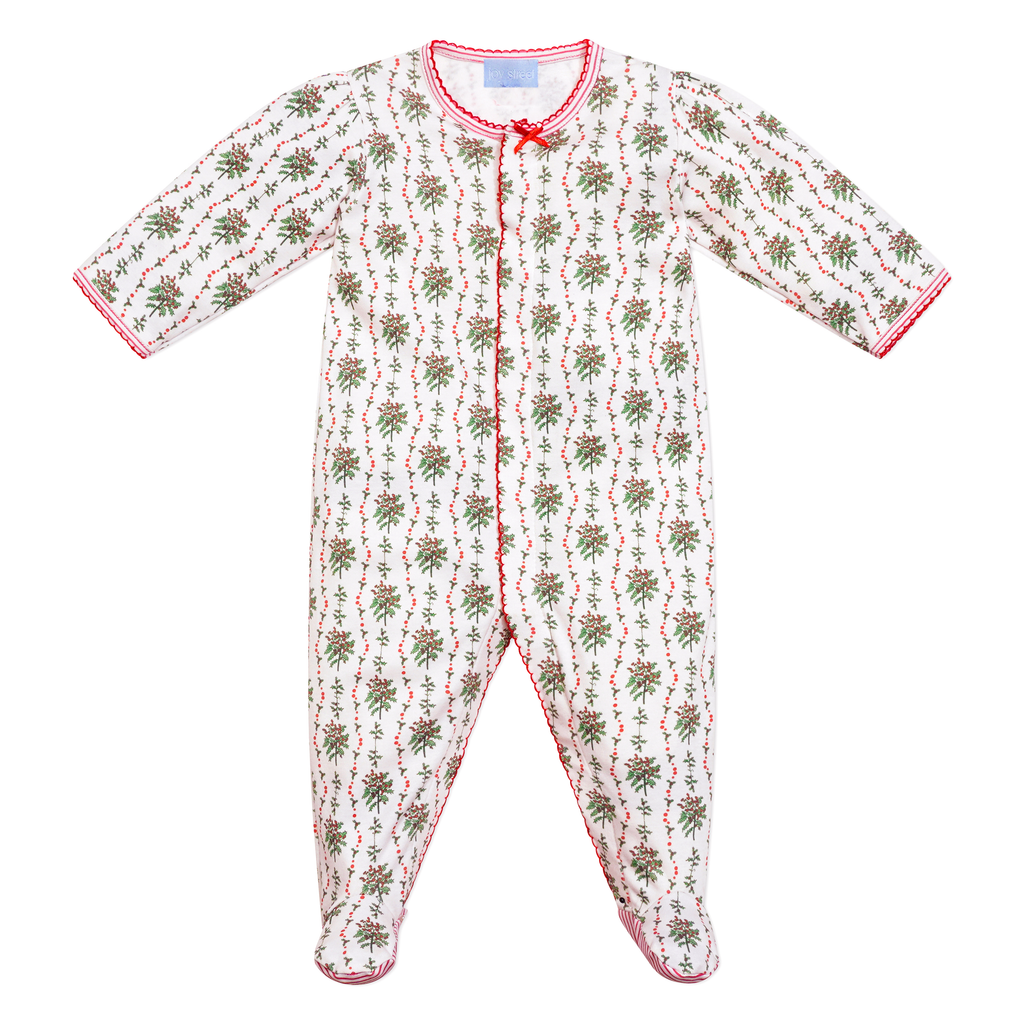Front view of Holly Baby Snap Onesie showcasing a festive greenery and red berry print with a white background