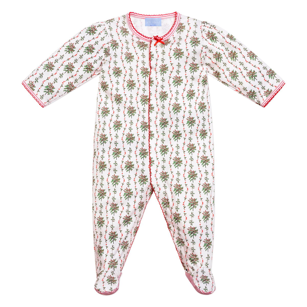 Front view of Holly Baby Snap Onesie showcasing a festive greenery and red berry print with a white background