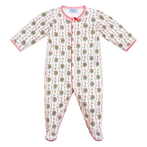 Front view of Holly Baby Snap Onesie showcasing a festive greenery and red berry print with a white background