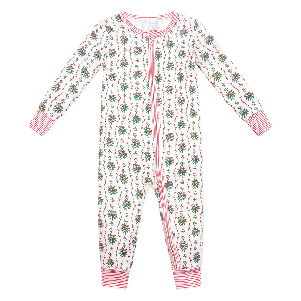Front view of Holly Baby Snap Onesie showcasing hand-drawn greenery and red berry print with pink trim on a white background