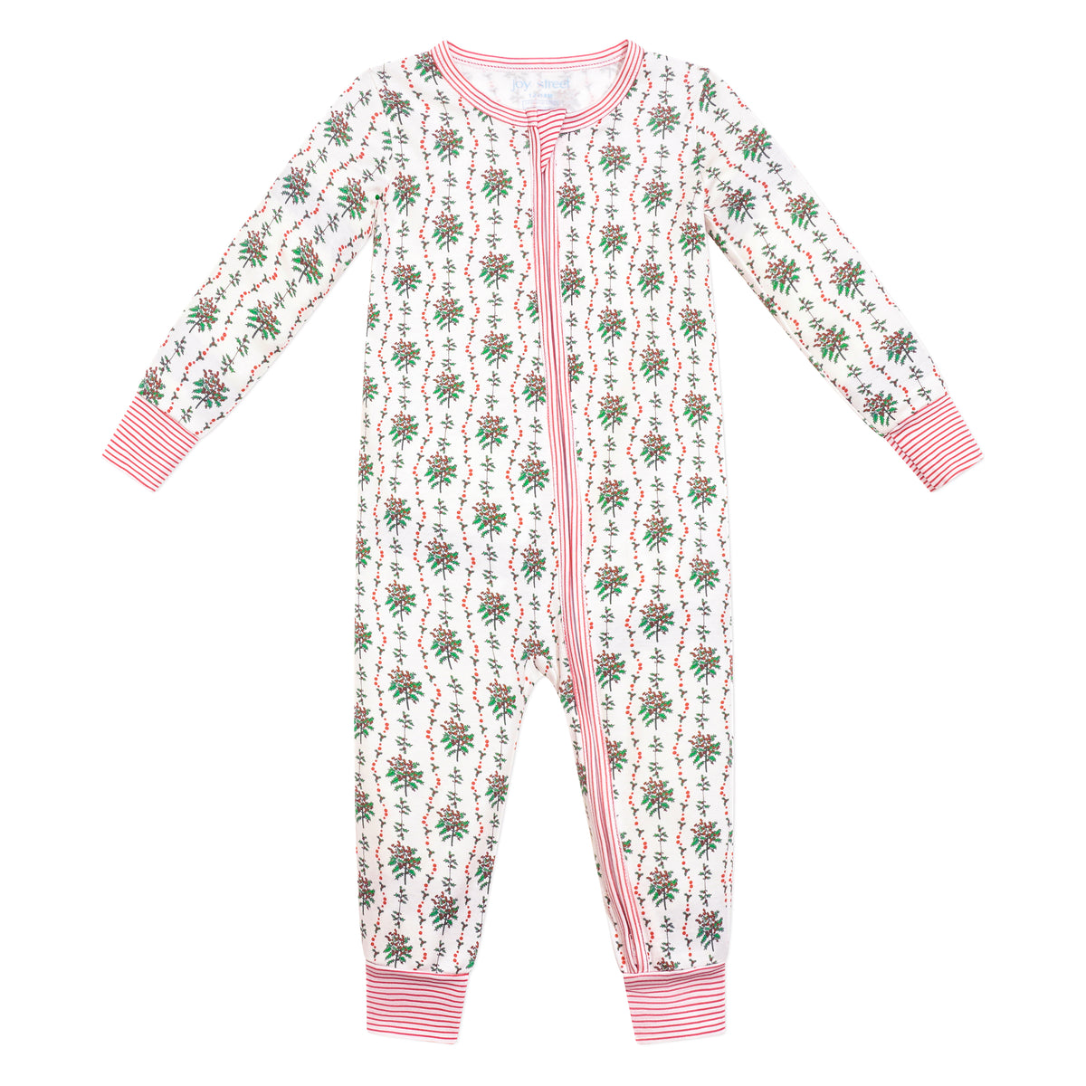 Front view of Holly Baby Snap Onesie showcasing hand-drawn greenery and red berry print with pink trim on a white background