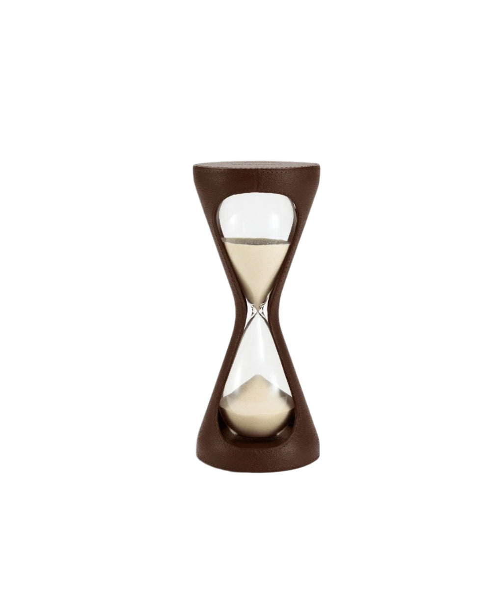 Front view of Mirage Hourglass showcasing brown leather exterior and beige sand in a one hour glass timer on white background