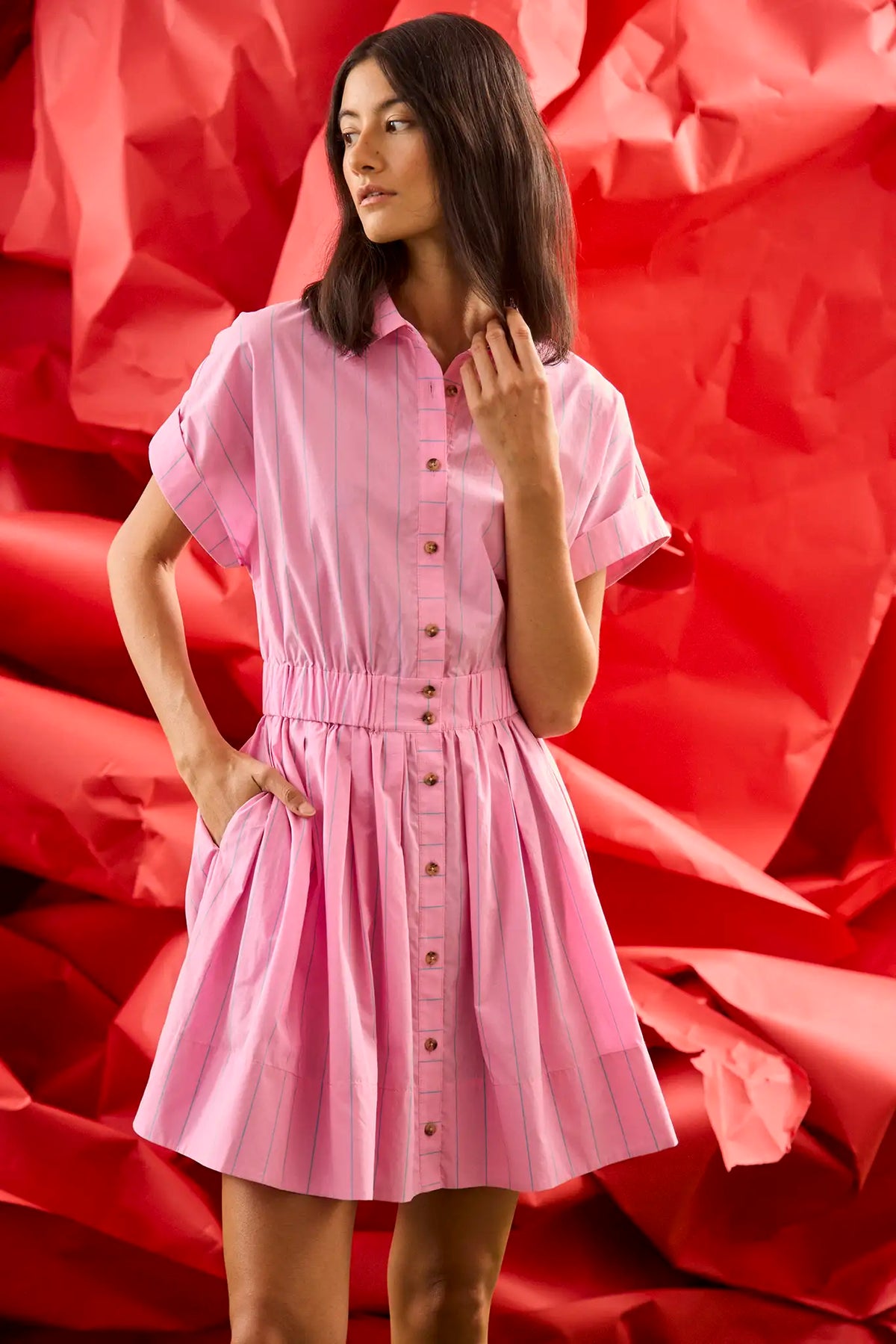 Pink and thin green striped mini dress with elastic waist and shirred skirt