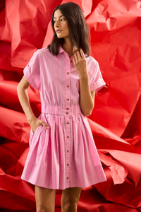 Pink and thin green striped mini dress with elastic waist and shirred skirt