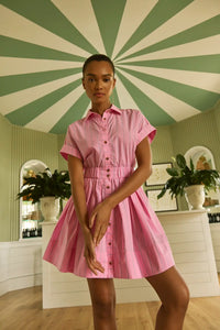 Pink and thin green striped mini dress with elastic waist and shirred skirt