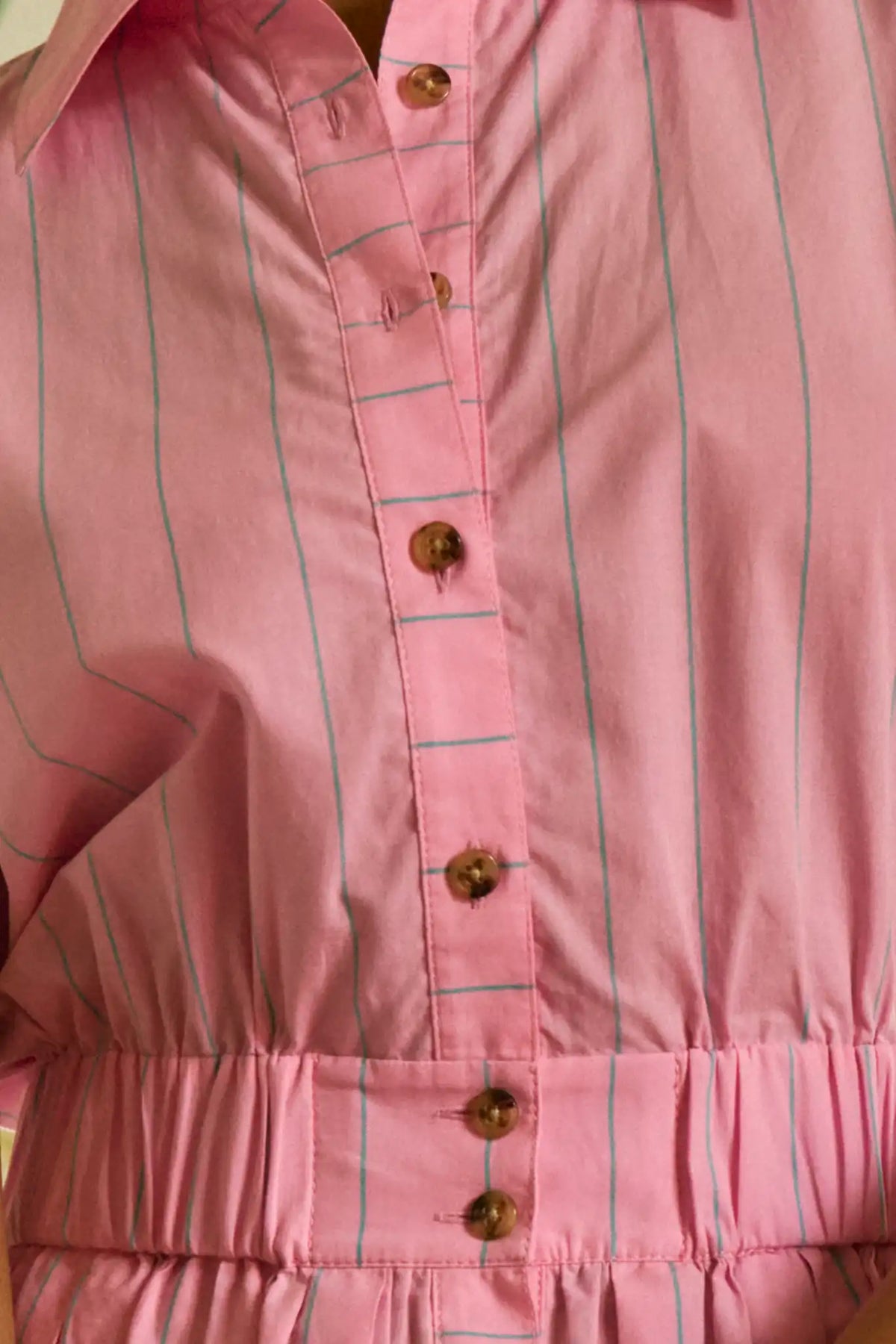 Pink and thin green striped mini dress with elastic waist and shirred skirt