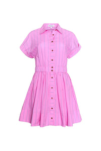 Pink and thin green striped mini dress with elastic waist and shirred skirt