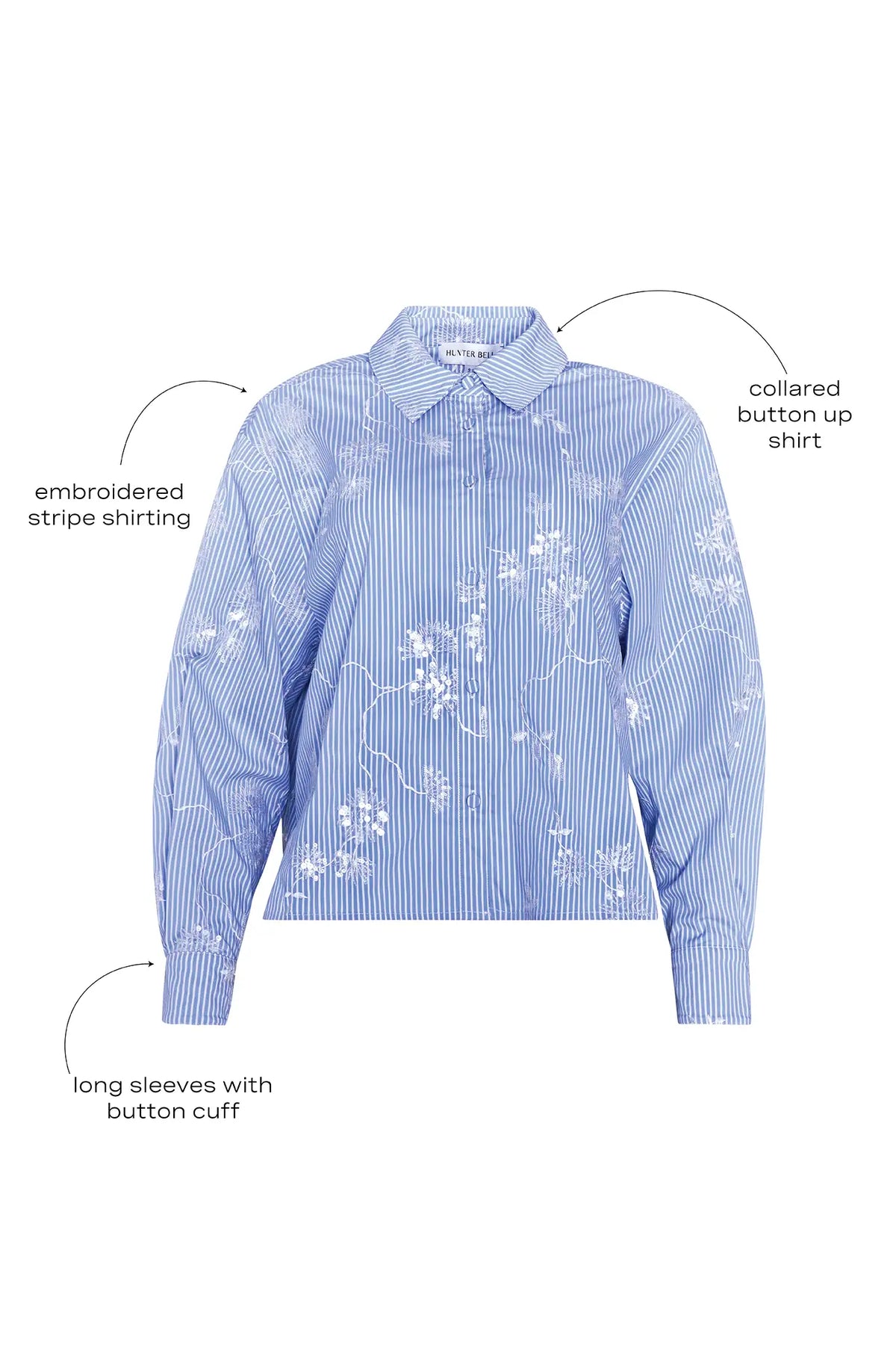 The Hudson Shirt, embroidered striped shirt, in Sullivan Stripe with call outs.