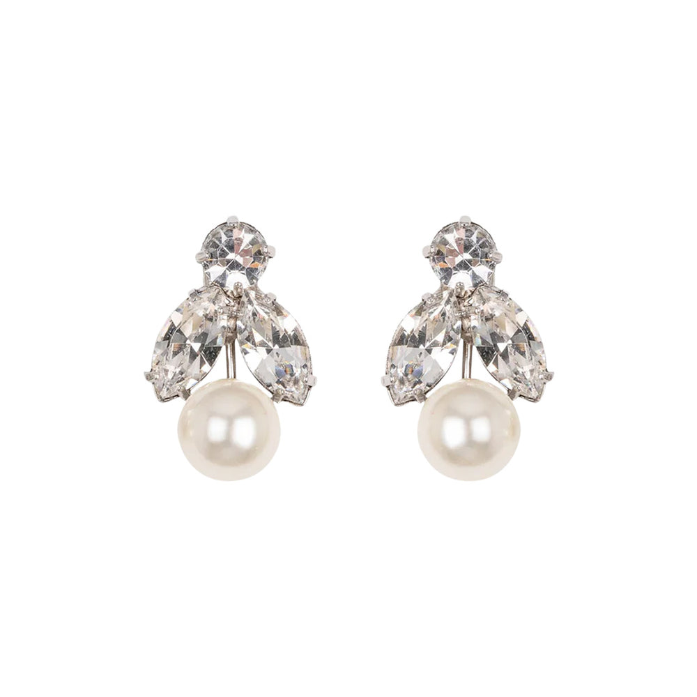 Front view of Kaide Earrings in Crystal Pearl showcasing faceted crystals and pearl drops on white background