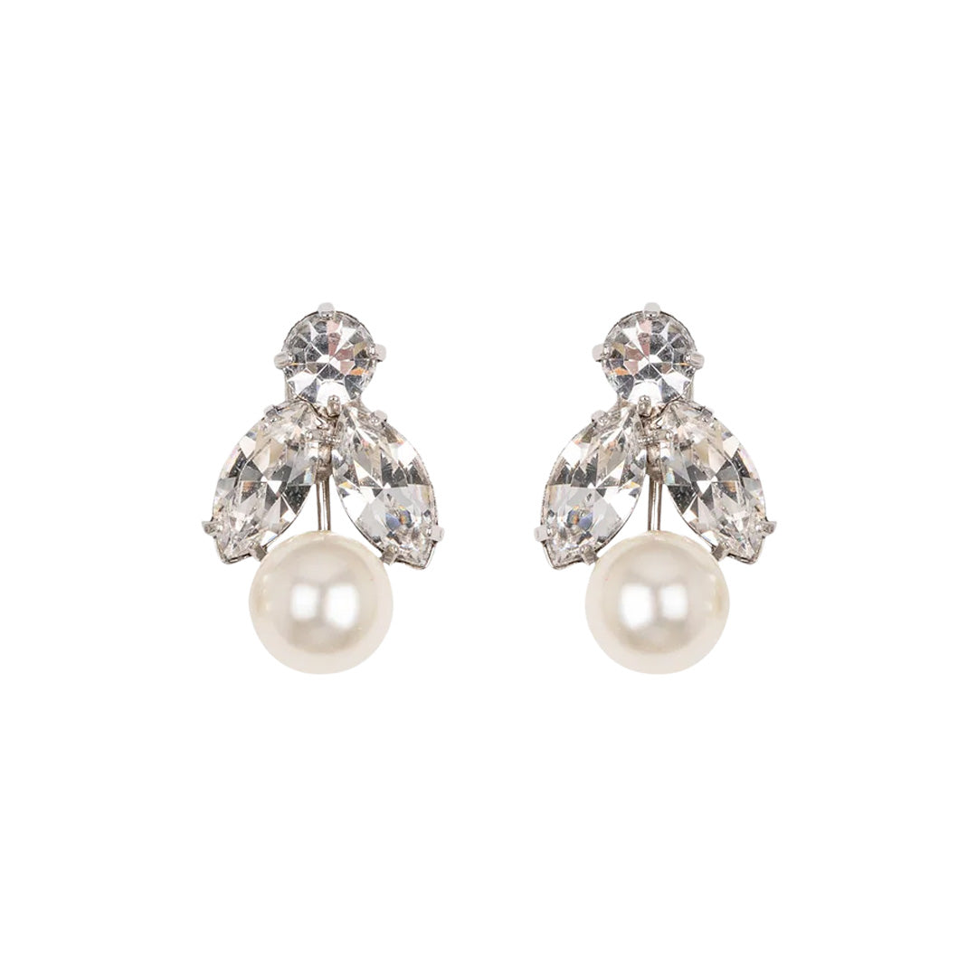 Front view of Kaide Earrings in Crystal Pearl showcasing faceted crystals and pearl drops on white background